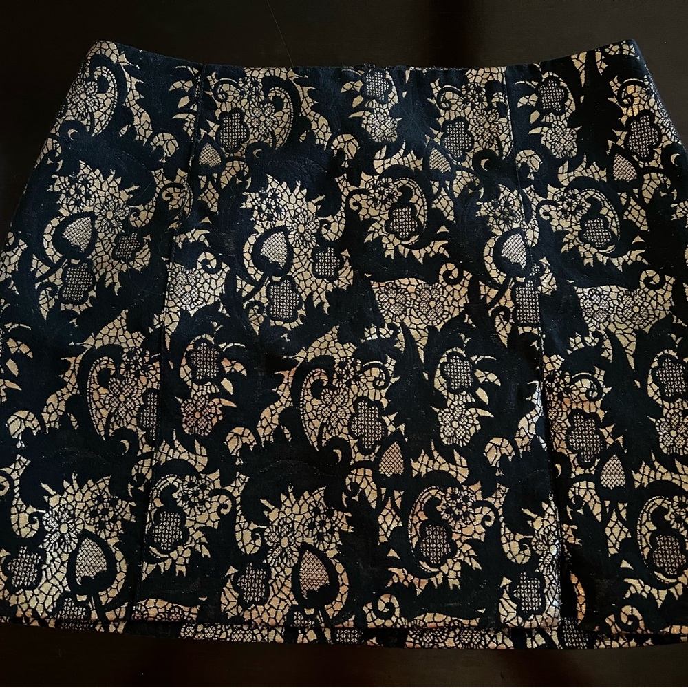 Bebe Skirt Womens Black Metallic Gold Lace Print Mini A Line Zip Cotton Blend